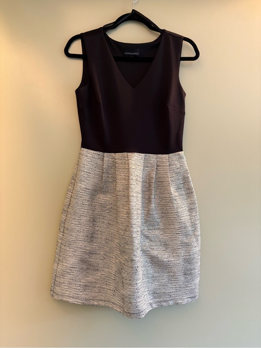 Cynthia Rowley Two-Tone V-Neck Fit-and-Flare Dress in Dark Brown and Cream